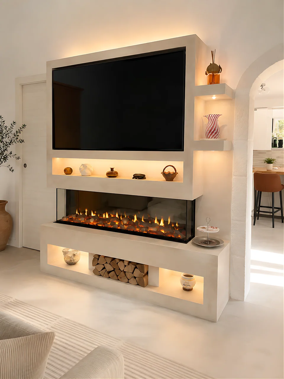 A pale limestone media wall holding an inset television above a wide three-sided fire, with lit alcoves of ceramics and a stacked log store beneath.
