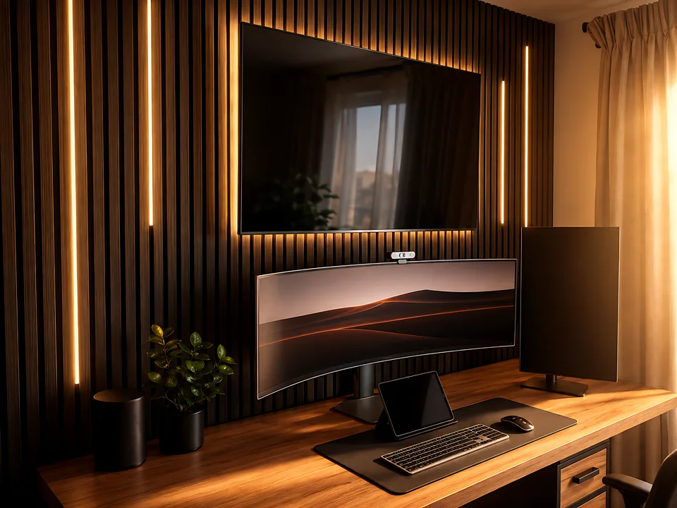 Bespoke home office with fitted desk, built-in storage and integrated lighting