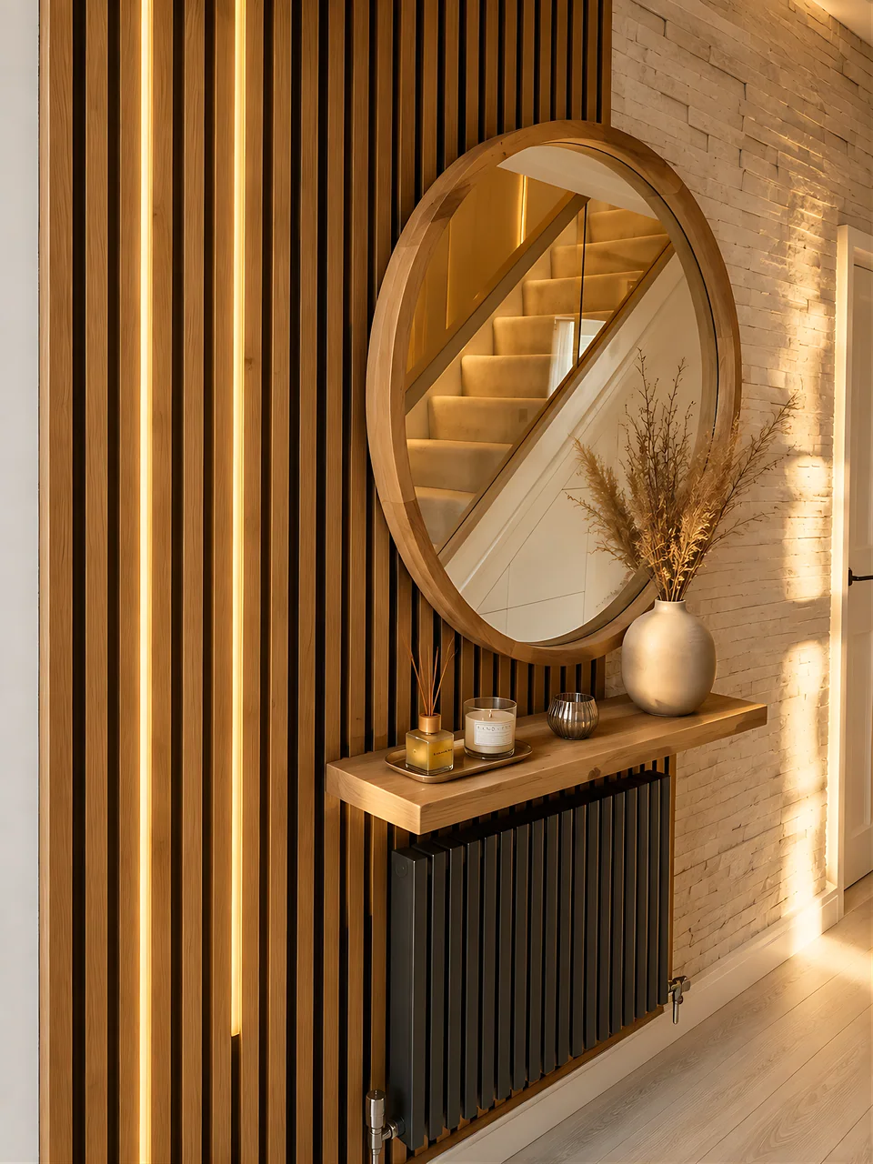 A round oak mirror on a slatted timber wall reflecting a lit staircase, above a floating shelf with candles and dried grasses and a black column radiator below.