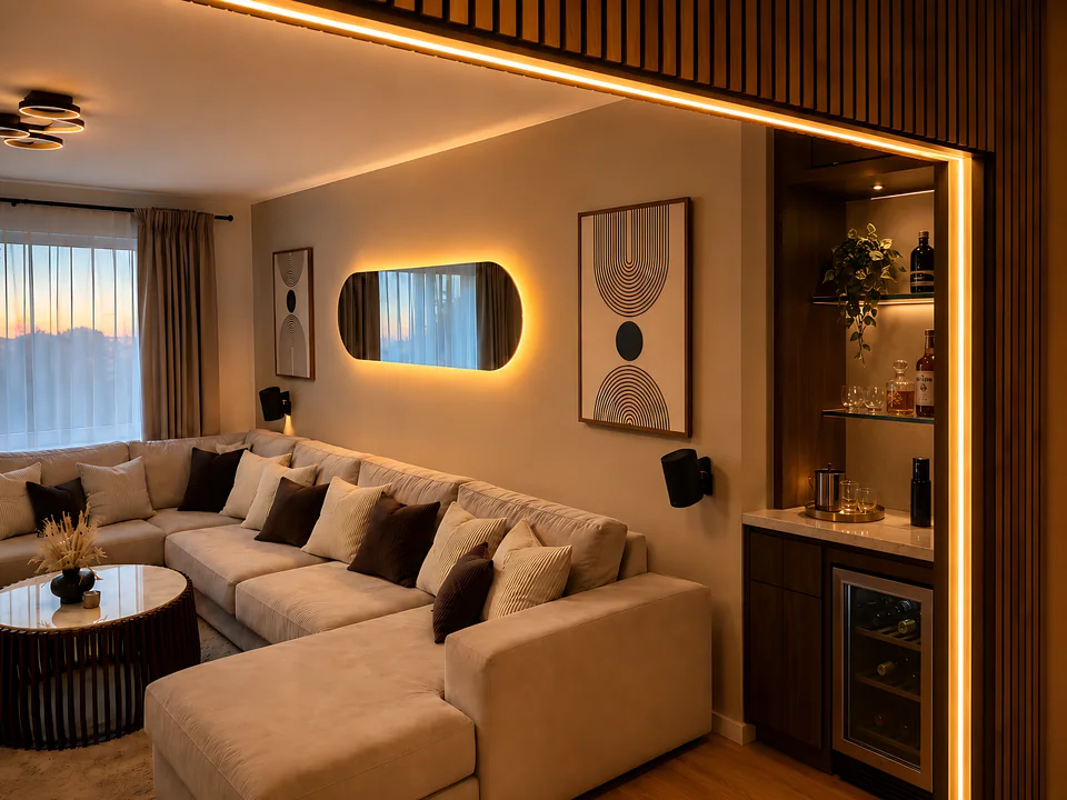 Living room bar integrated into slatted oak joinery