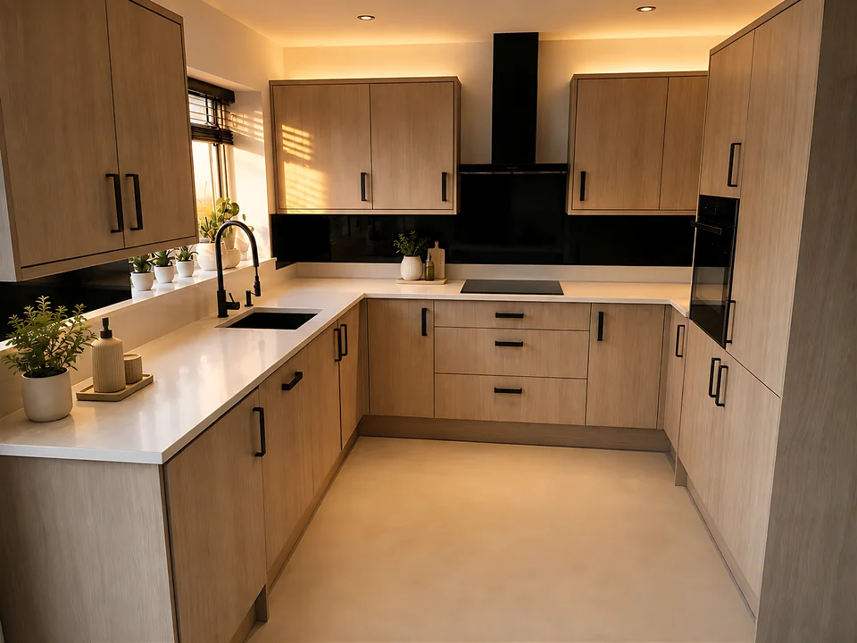 Modern kitchen with light oak cabinetry, black hardware and concealed lighting