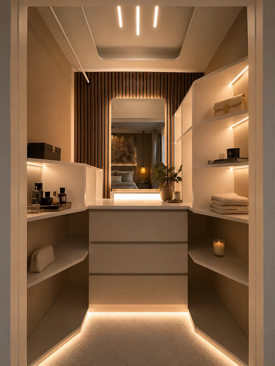 A walk-in dressing room lit by concealed strips in every recess