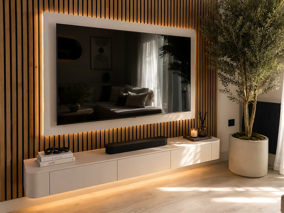 A television floating on an oak-slatted wall with a soft halo of light behind it, above a long white floating cabinet with a soundbar, beside a potted olive tree.