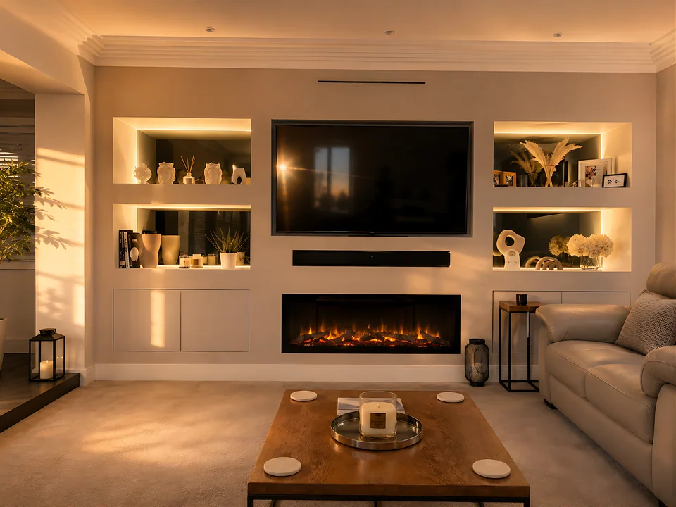 A fireplace media wall with lit niches either side of the television