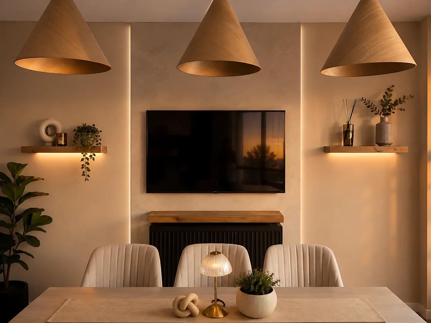 A dining room with a stone feature wall, lit shelves and a fire