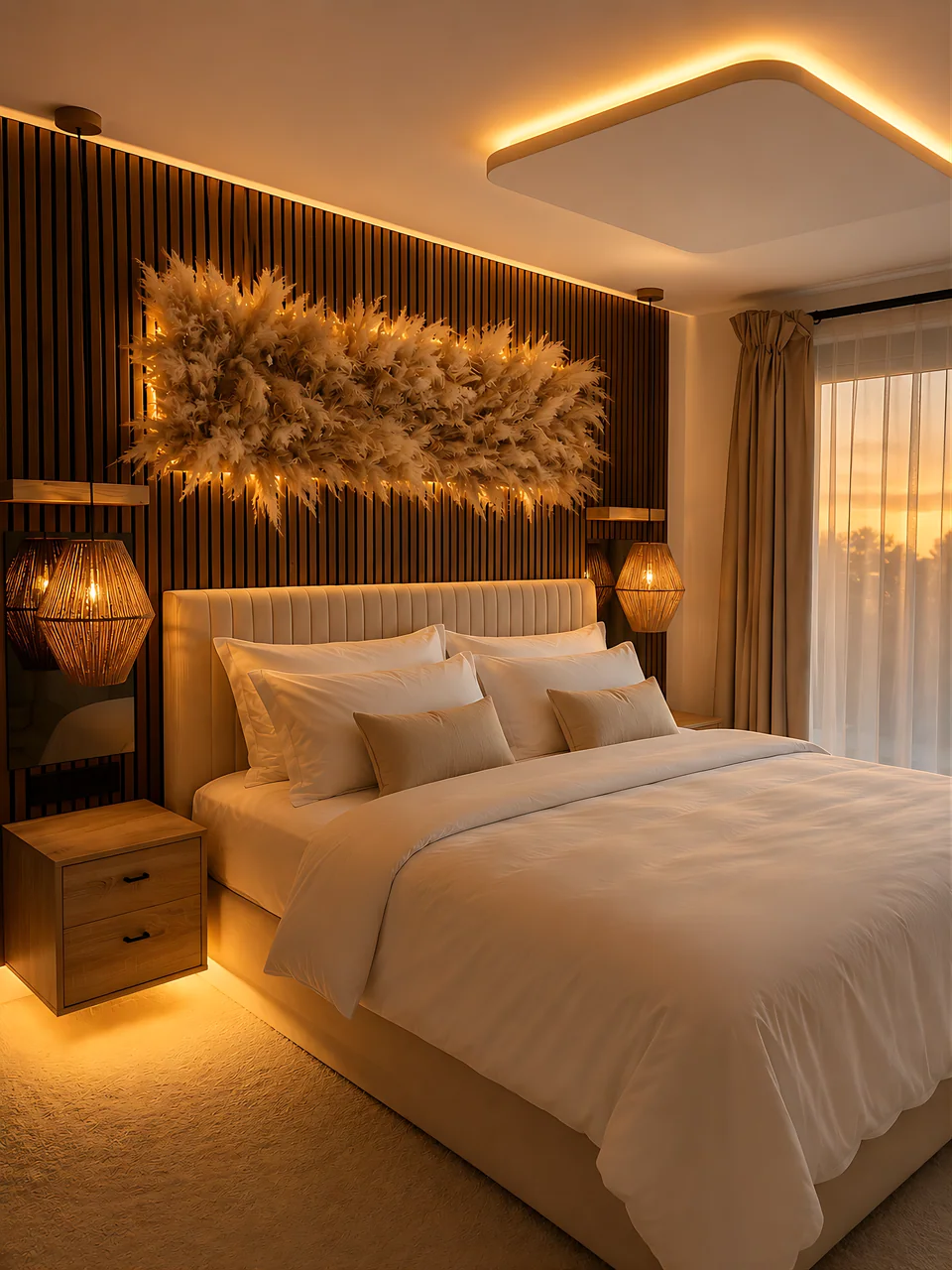 A bed with an upholstered headboard against a dark slatted wall, beneath a wide arrangement of pampas lit from below, with rattan pendants and a glowing ceiling raft.