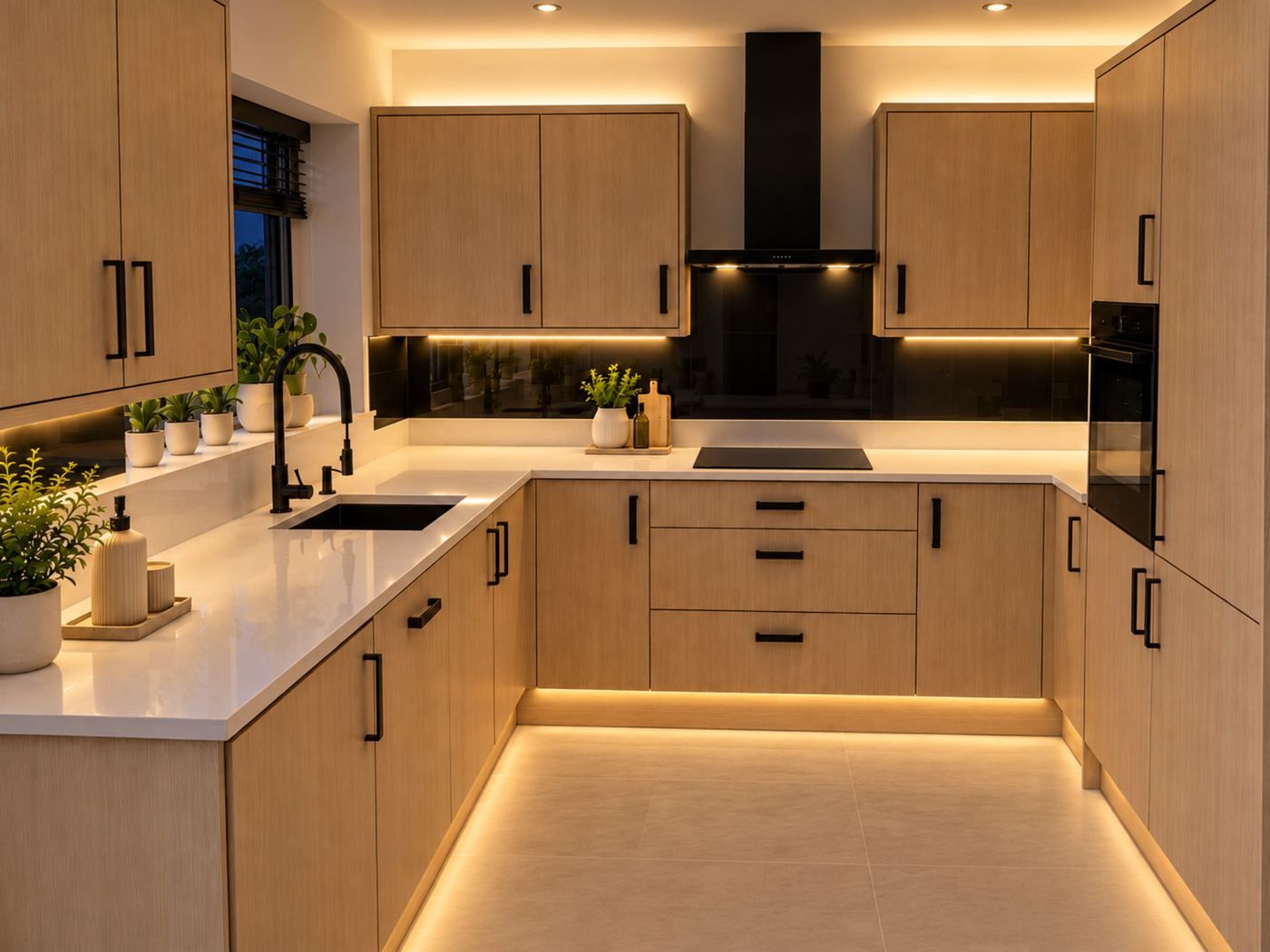 Modern Timber-Finish Kitchen, evening